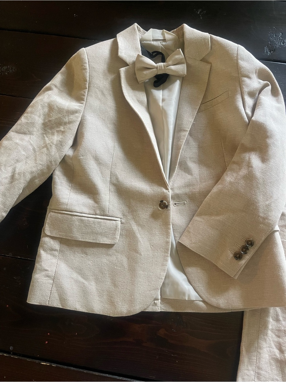 Beige Linen-Look Blazer & Pants Set with Bow tie Accent - Picture 2 of 9